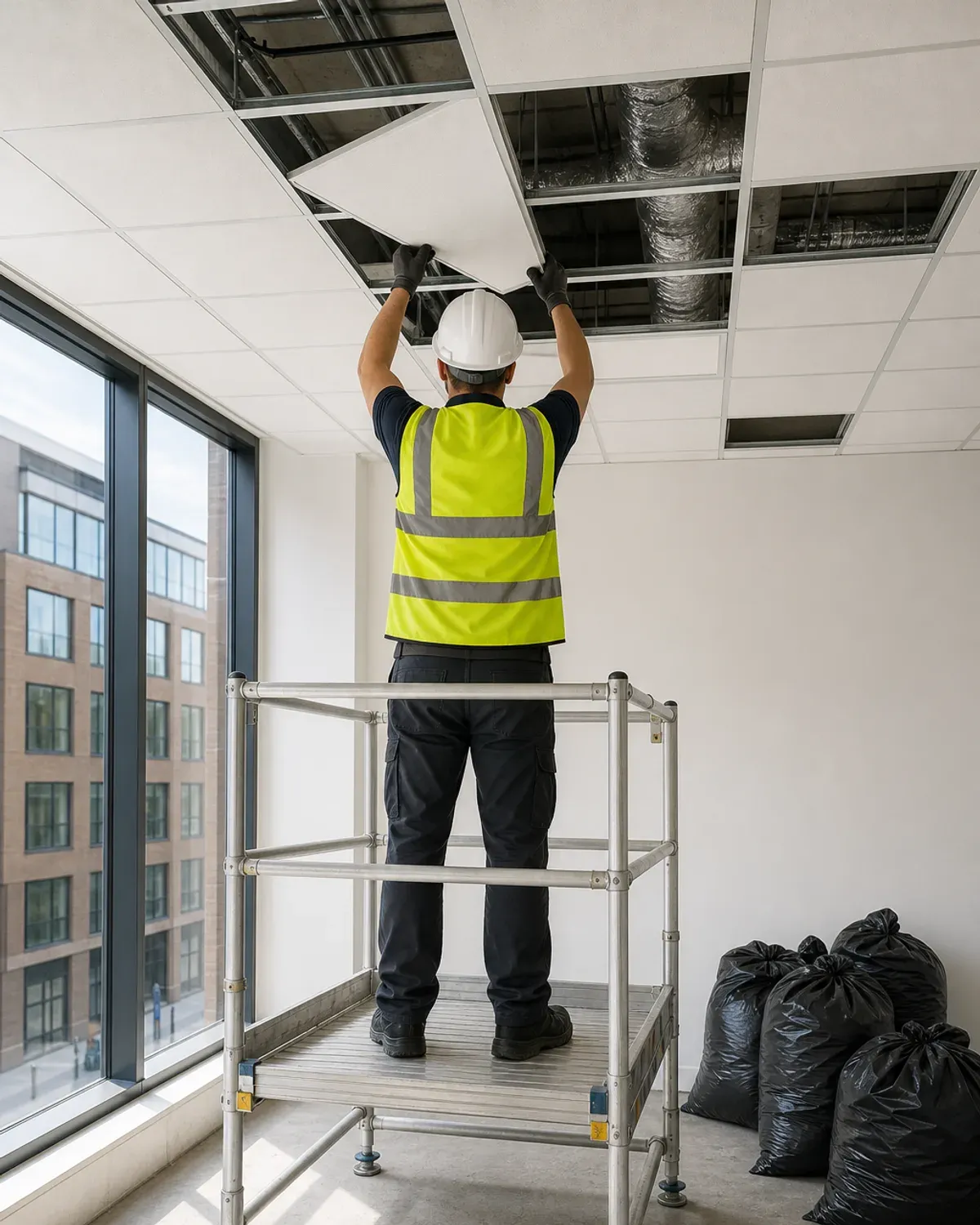 Operative on a guarded podium platform lifting a ceiling tile out of its grid