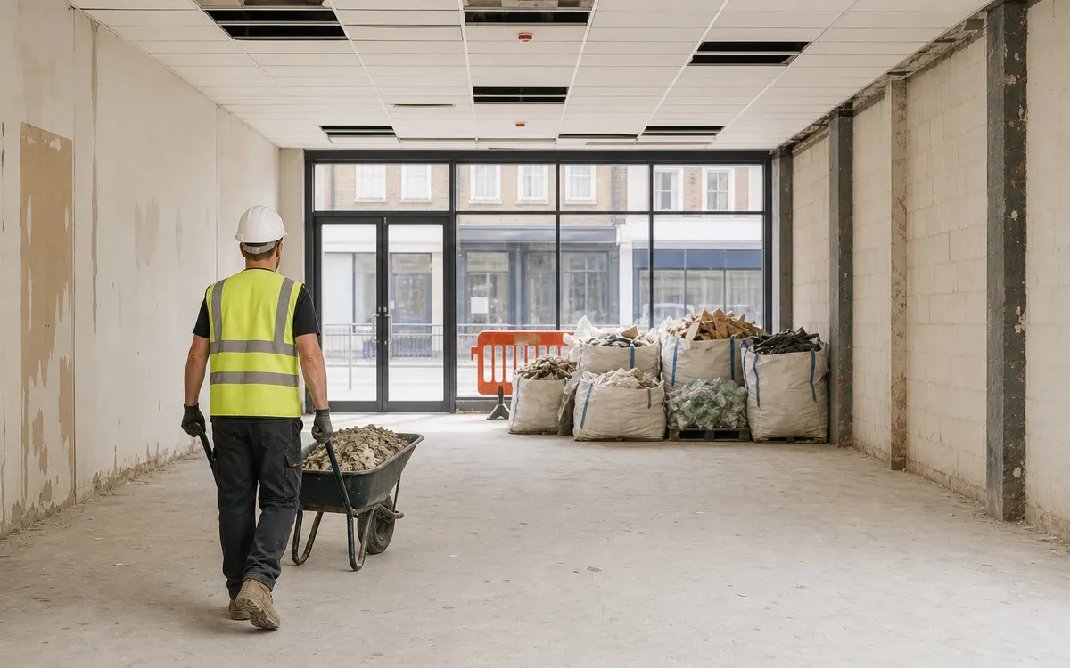 Empty retail unit after strip out with bagged waste by the shopfront